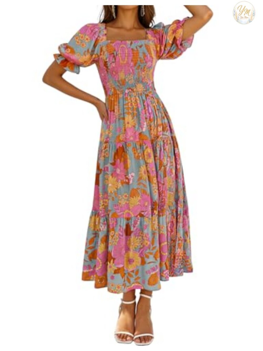 Boho Floral Ruffle Maxi Dress Square Neck A-Line Short Sleeve